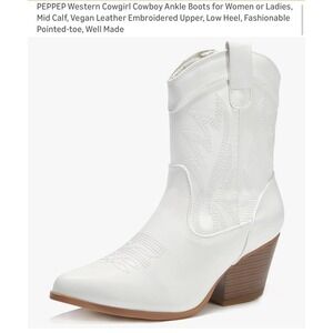 Women White Western Cowboy Ankle Boots Vegan Leather Embroidered Size 11
